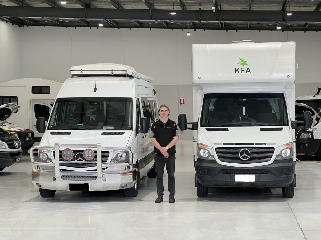 mercedes sprinter motorhomes on workshop floor before major service begins